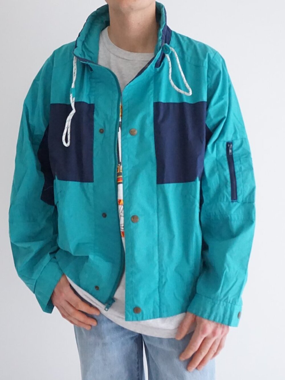 Vintage American Weekend Teal Navy Color Block Hooded Windbreaker Rain Jacket M